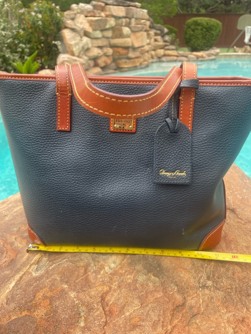 Dooney & Bourke Navy Pebble Grain Leather Tote British Tan Trim and Straps (CSR) - Picture 6 of 15